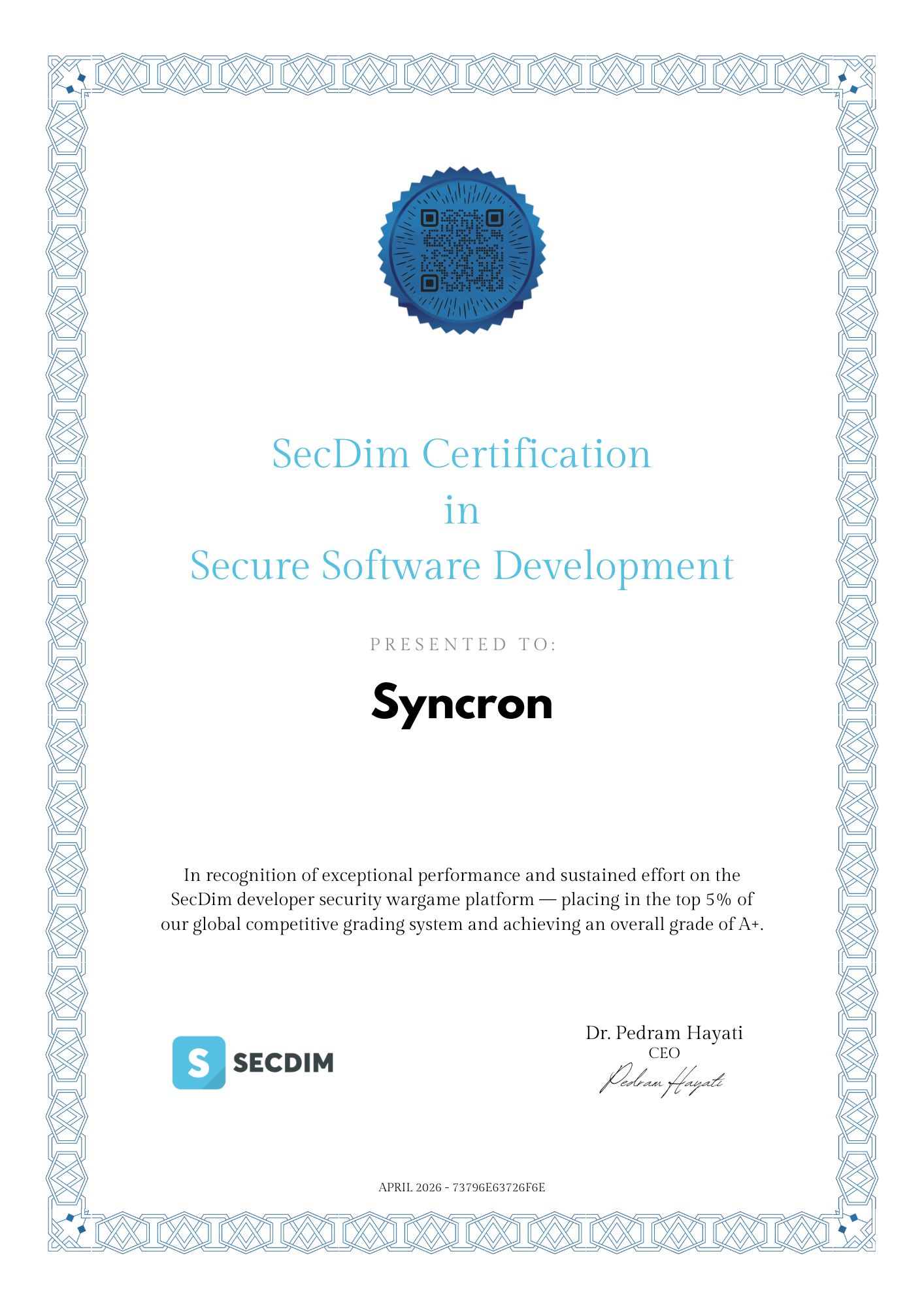 Syncron's SecDim certificate